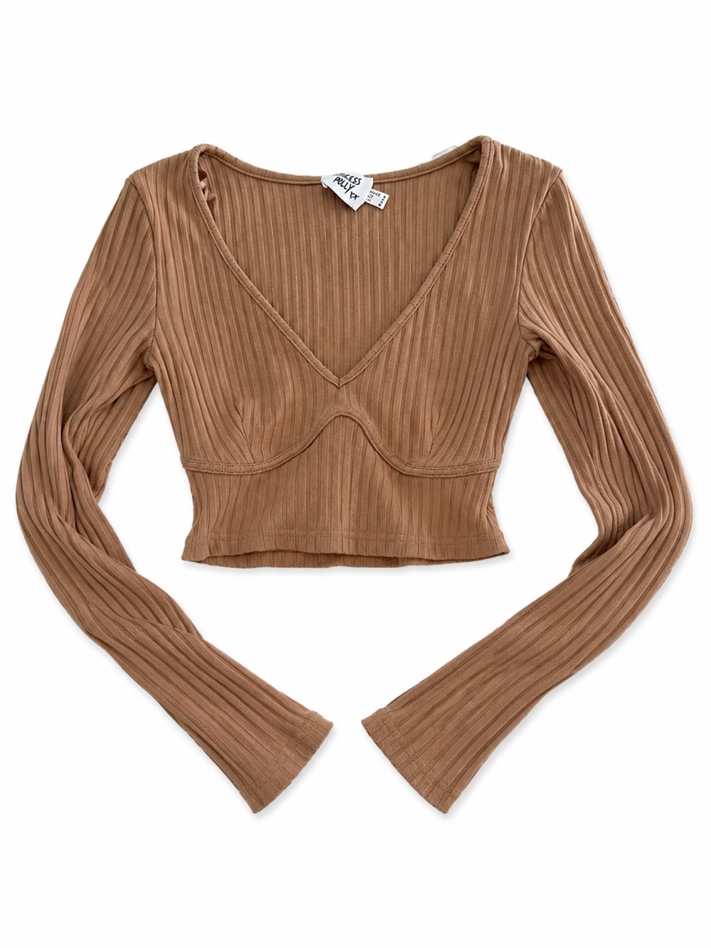 Princess Polly Brown Ribbed V-Neck Long Sleeve Crop Top